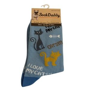 SockDaddy Crew Socks Blue I Love My Cats Graphic Novelty Combed Cotton Men Women